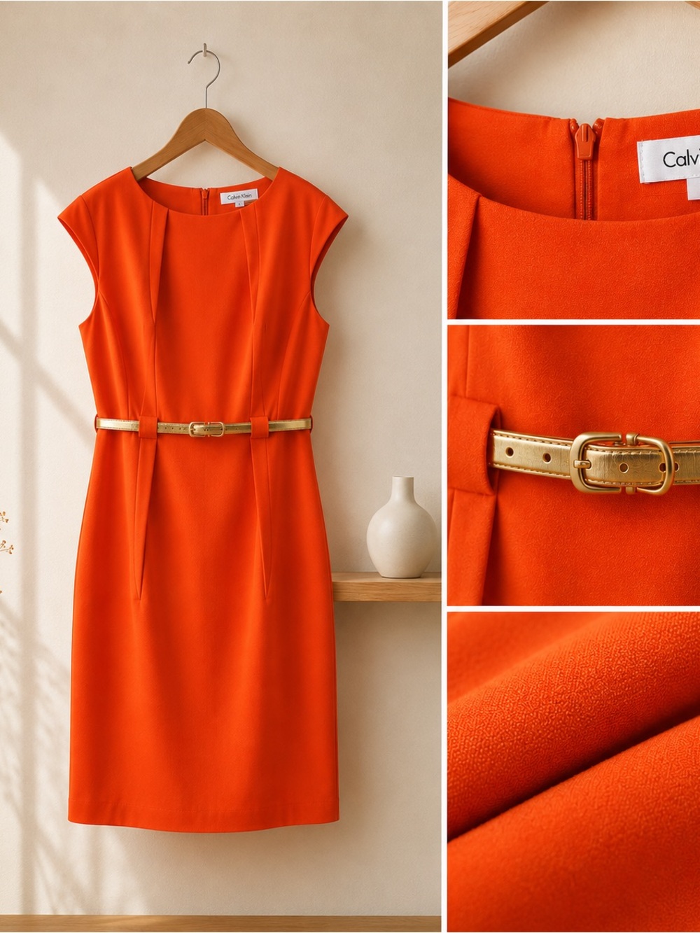 Calvin Klein Vibrant Orange Cap-Sleeve Sheath Dress with Gold Waist Belt - Picture 6 of 6